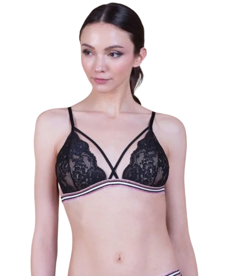 Bralette Τριγωνάκι Δαντελένιο με Ριγέ Λάστιχα