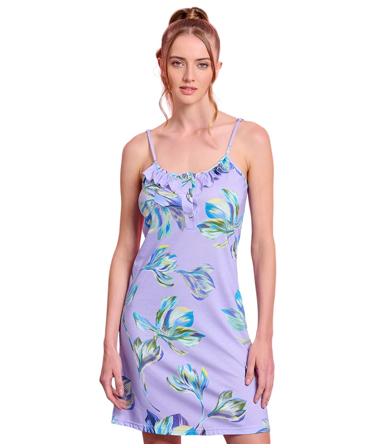 Jeannette Βαμβακερό Floral Νυχτικό με Λεπτή Τιράντα και Βολάν