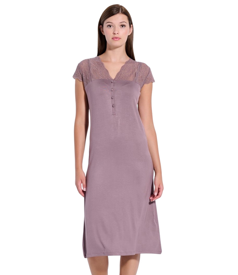 Jeannette Midi Νυχτικό Viscose Κοντομάνικο με Δαντέλα